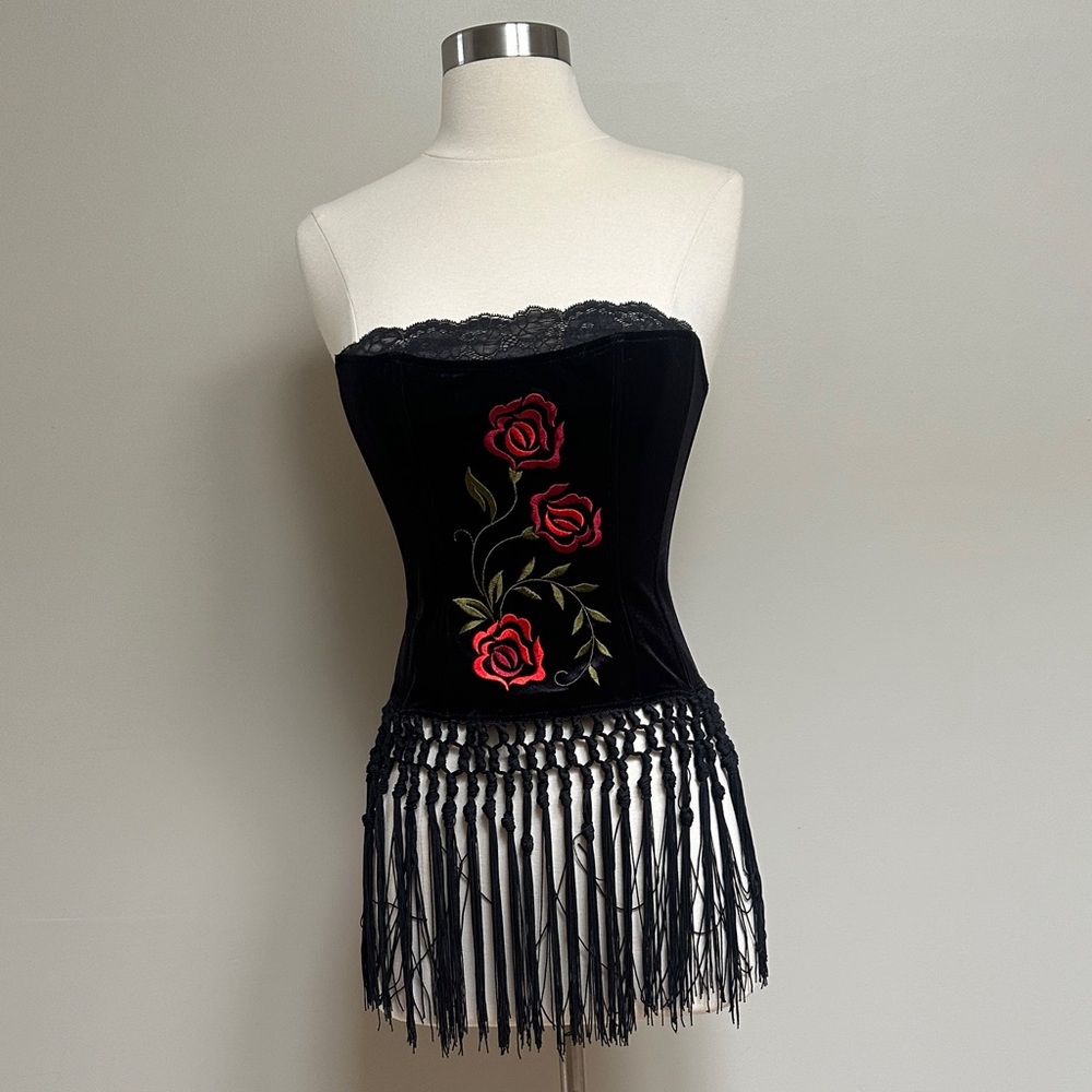 Black Velvet Strapless Corset Top with Red Rose Embroidery